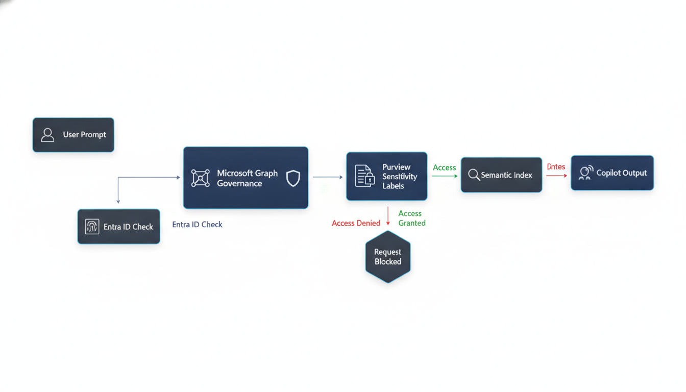 Microsoft 365 Copilot Data Access & Governance Flow - This diagram outlines the Microsoft 365 Copilot data access and governance workflow, detailing how u