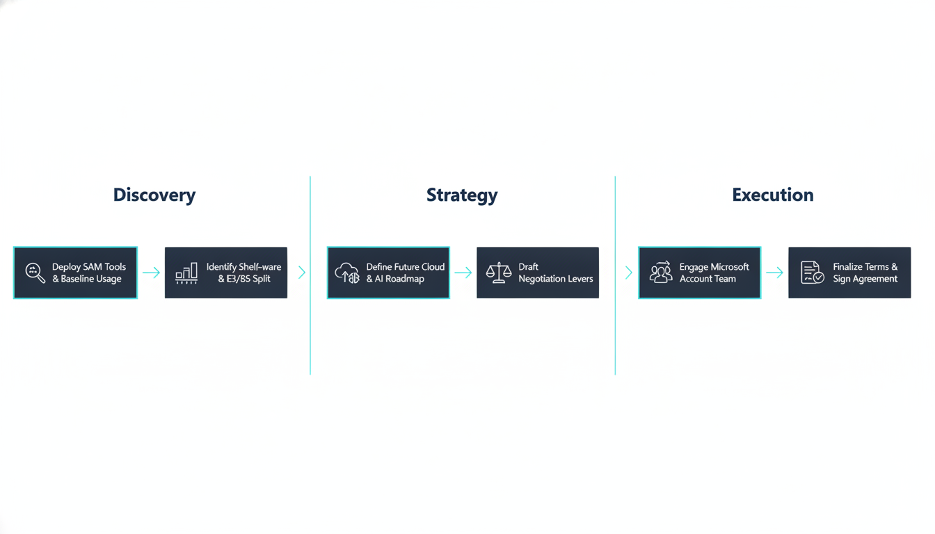 Strategic Microsoft Enterprise Agreement Renewal Optimization Lifecycle - This infographic outlines a structured, phased workflow for optimizing a Microsoft Enterprise Agreem